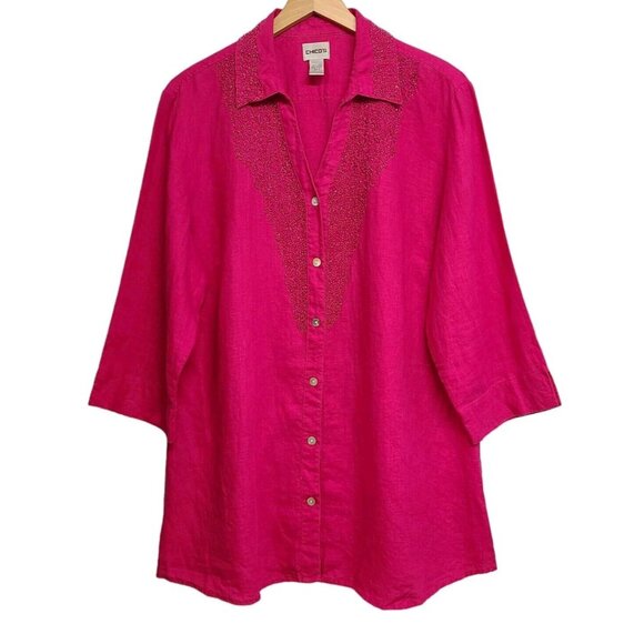 Chico's Tops - Chicos Linen Tunic Womens 3 Fuchsia Pink Beaded Button Front Lagenlook R…
